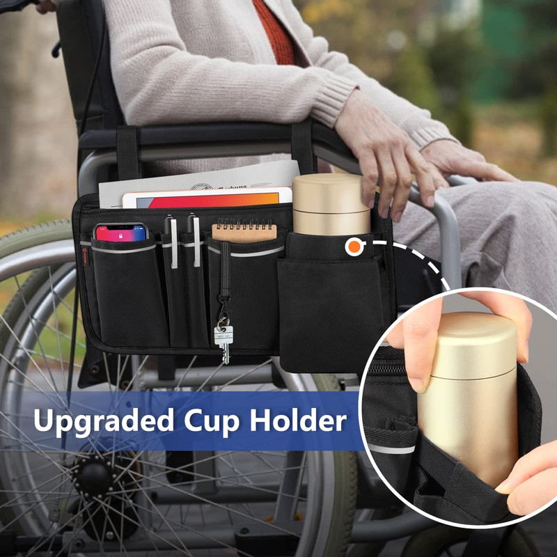 FINPAC Wheelchair Side Storage Bag w/Cup Holder, Wheelchair Armrest Accessories
