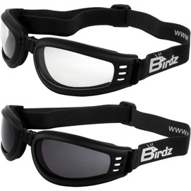 Birdz Eyewear Cardinal Women's Padded Floating Motorcycle Goggles 2 Pairs Black Frames with Clear & Smoke Lenses