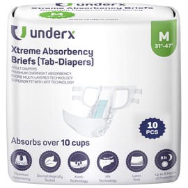 UnderX Xtreme Absorbency Adult Briefs with Tabs - Maximum Absorbency - Heavy-Duty Overnight for Men and Women - Leak-Proof Protection Absorbent Briefs - Comfortable, Latex-Free (Medium) 10 PCS