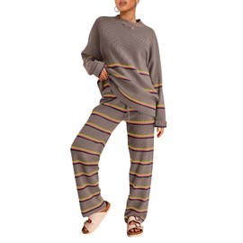 LILLUSORY 2 Piece Sets for Women 2025 Fall Outfits Two Piece Lounge Sets Sweatsuits Striped Knit Sweater Clothes Fashion StripedNutmeg S