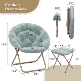 Athena Collection Round Saucer Chair with Ottoman Set of 2 for Adults, Oversize Comfy Cozy Faux Fur Folding Reading Chair with Metal Leg Lazy Relaxing for Living Room Bedroom Dorm Apartment, Teal