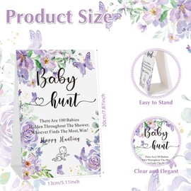 101 Pcs Baby Shower Games Include Paperboard Baby Hunt Sign 100 Mini Plastic Babies Tabletop Sign Tiny Babies Funny Prizes for Gender Reveal Party Favors (Purple,Butterfly)