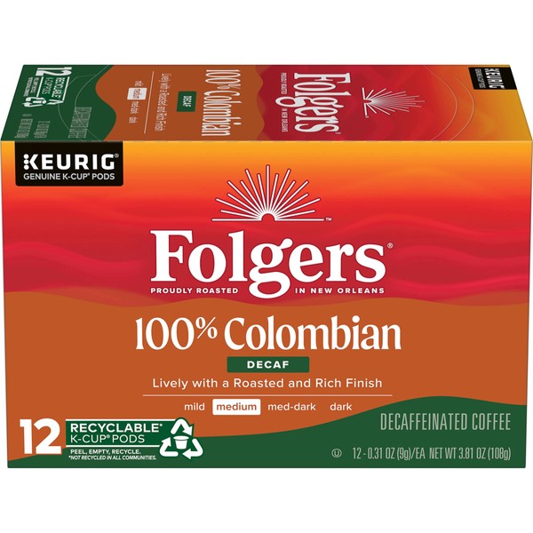 Folgers 100% Colombian Decaf Medium Roast Coffee, 72 Keurig K-Cup Pods
