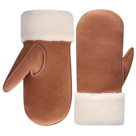 Harssidanzar Mitten Gloves For Mens,Winter Cold Weather Sheepskin Shearling Heated Warm Furry Cuff Mitten Gloves KM042CA,Cammel, Size S