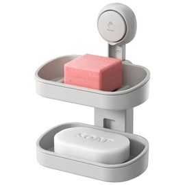 TAILI Double Layer Soap Dish Holder Suction Cup, Strong Sponge Holder for Shower, No Tools Soap Saver for Bathroom, Tub and Kitchen Sink, Shower Accessories, Drill-Free, Removable, Grey