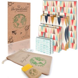 HerzensWahl Beeswax Cloths Set of 7 Including Organic Cotton Bag for Storage + Beeswax Block | Organic Beeswax Wax Paper | Zero Waste Oilcloth for Food | Bees Wrap Beeswax