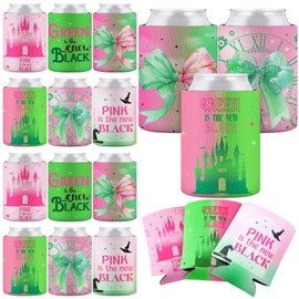 24 Pcs Pink and Green Witch Party Can Cooler Sleeves Bulk 12 oz Iced Coffee Sleeve Insulated Movie Birthday Baby Shower Party Favor Gift