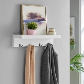 Danya B Wall Mounted Entryway Floating Coat Rack with Four Hanging Hooks and Decorative Ledge Shelf - Great for Entryways, Hallways, Bedrooms, Kitchens, and Bathrooms - White