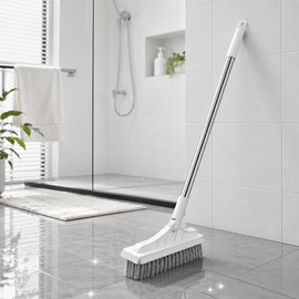 3-in-1 Cleaning Brush for Bathroom Floors and Tiles - Long Handle Rotating Scrubber with Grout Brush and Rubber Scraper