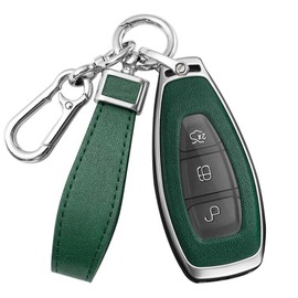 HIBEYO Key Case Cover For Ford Focus 3 4 ST Mondeo MK3 MK4 Fiesta Fusion Kuga 2013 2014 2015 2017 Accessories with Keychains Alloy PU Leather Material Key Fob Cover-Silver Green