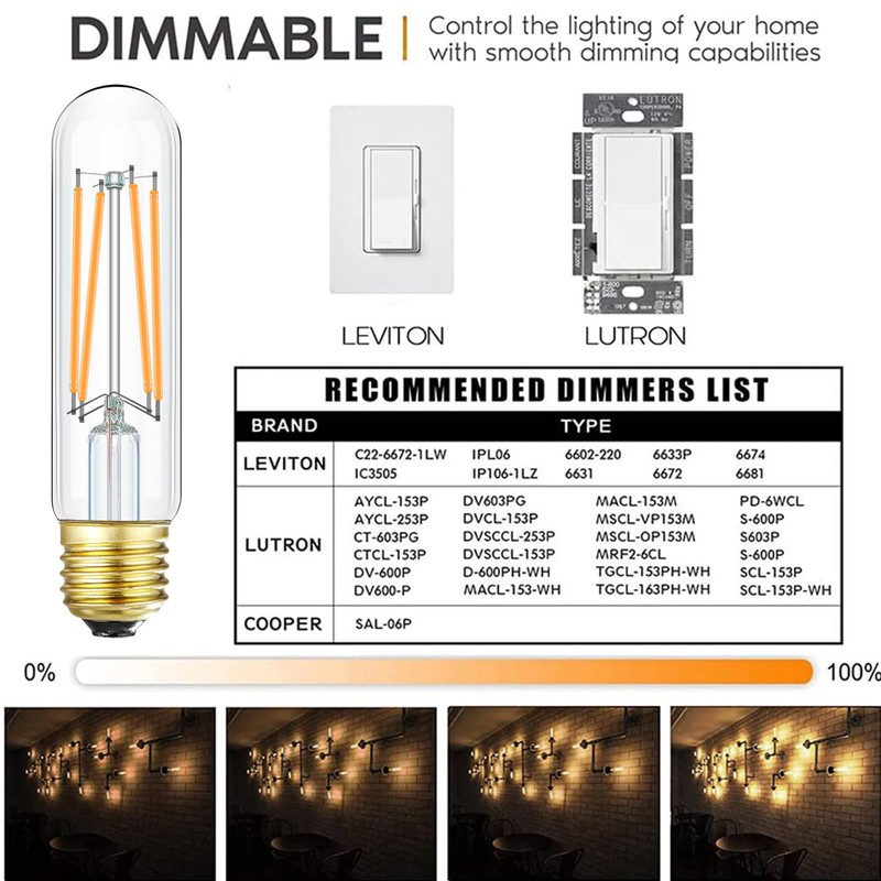 Dimmable T10 LED Bulb 8W Equal E26 Edison Bulb 75