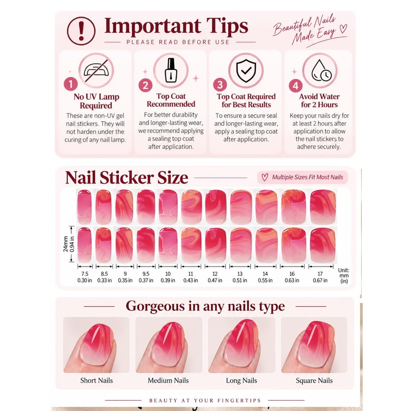 22 Pcs Gel Nail Stickers, UV Free Gel Nail Strips,