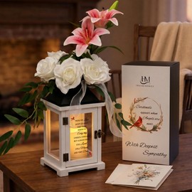 HugMemories Sympathy Memorial Lantern with Lily Rose Flower, Sympathy Gifts for Loss of Mom Dad, Funeral Remembrance Bereavement Gifts for Loss of Loved One