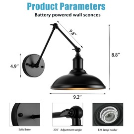 DENGNBJ Black Wireless Battery Operated Wall sconces 9.5", Wall sconces Set of Two Battery Powered Wall Sconce with Remote Control, Adjustable Black Wall Sconce for Bedroom Hallway Living Room