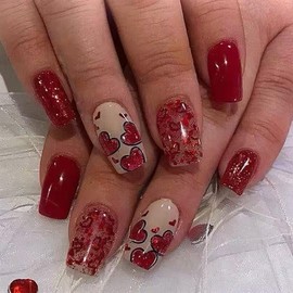 Valentine's Day Press on Nails Medium Square Fake Nails with Red Heart Designs Red Glitter False Nails Press ons Full Cover Acrylic Nails Reusable Glue on Nails Kit for Women Girls 24Pcs