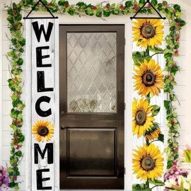 BlissYard 2 Pcs Spring Hanging Banners Welcome Sunflower Porch Sign Hanging Banner Door Decorations for Front Door Outdoor Garden Yard Decor Wall Backdrop