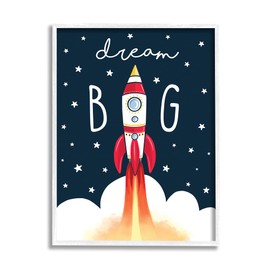 Stupell Industries Dream Big Sentiment Rocket Blast Off Starry Clouds, Designed by Elizabeth Tyndall White Framed Wall Art, 16 x 20, Blue