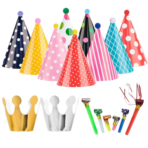 GWAWG 11PCS Party Hats, Birthday Party Cone Hats Pom Poms and Crowns, 10pcs Party Blowouts, Paper Party Hats and Blowouts Set for Boys Gilrs Birthday Dress Up Party Decoration and Celebrations
