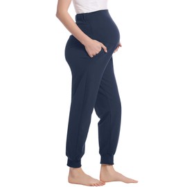 Joyaria Womens Cotton Maternity Pants Over The Belly Sweat Pants/Slee Pants Pregnancy(Navy,S)