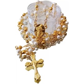 12 x Wholesale Bulk White & Gold Faux Pearl Rosaries for Baptism, Wedding, Memor