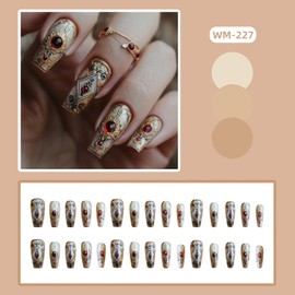 CJDLTS Press on Nails Medium Ballet Shaped Red Rhinestones Golden Totem Pattern Design Acrylic False Nail Full Cover Glossy Artificial Fingernails 24Pcs Reusable Glue on Nails for Women