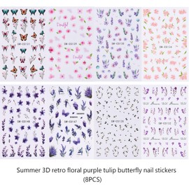 8 Blatt 3D Blume Nagelsticker, Frühling Sommer Blume Nagelaufkleber Bunte Blüte Nail Art Sticker Blühende Blumen Laub Nagel Stickers für Frauen Nagelaufkleber Nageldesign Nail Art
