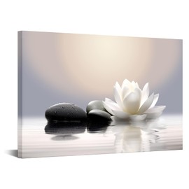 Artsbay Zen Stone Canvas Wall Art Black and White Lotus Bloom in Water with Spa Stone Calm Peaceful Still Life Bathroom Wall Decor for Yoga Meditation Room Living Room Office