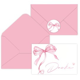 Calkkrer 10 Stück Rosa Schleifen Danke Karten mit Umschlägen & Stickers, Wasserfarben Design, Leere Pink Note Cards, Geeignet für Partys, Geschenke, Lehrer, Danksagung