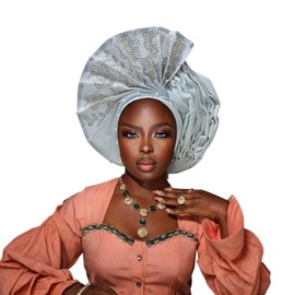 Elegant Polyester African Headscarf-Stretchable Traditional Nigerian Wedding Headpiece, Automatic Gurler Style Fan Headscarf (White)