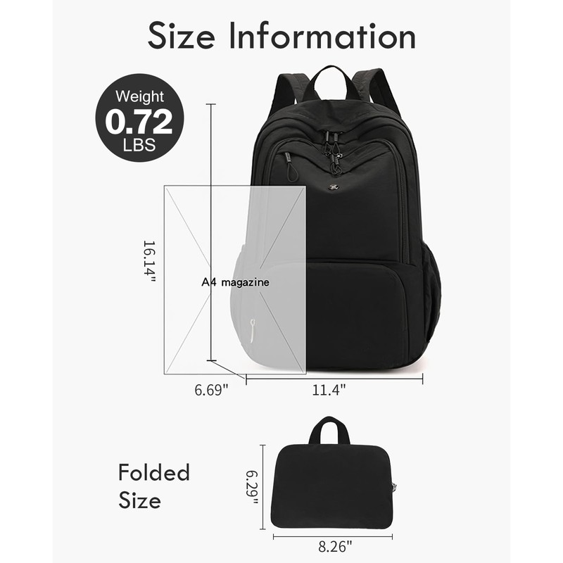 Foldable Backpack for Women, Lightweight Travel Backpack Purse Black