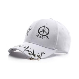 Unisex White Graffiti Snapback Hat/Baseball Cap - Features Iron Rings on Brim, Inspired by Kpop (BTS), Hip Hop, Anime & Gothic Styles for Men and Women