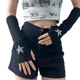 Y2K Women Teens Knitted Arm Warmers Japanese Harajuke Cosplay Gothic Lolita Fingerless Mittens Thumb Hole Gloves (Star)