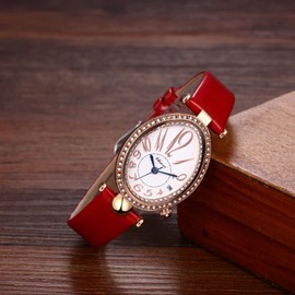 Avaner Women's Watch with Oval Full Diamond Case Quartz Watch for Women Large Number Calendar Dial Curved Glass Leather Strap Watch for Women, Type 1-red, Strap.
