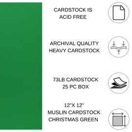 PA Paper Accents Muslin Cardstock 12" x 12" Christmas Green, 73lb Colored cardstock Paper for Card Making, Scrapbooking, Printing, Quilling and Crafts, 25 Piece Pack