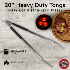 Grill Tongs Very Long 20-inch Heavy Duty for BBQ and Grilling | Extra Long Stainless Steel Grilling Tongs for Outdoor Grill and Kitchen Cooking | Long Metal Tongs with Safety Hand Grips