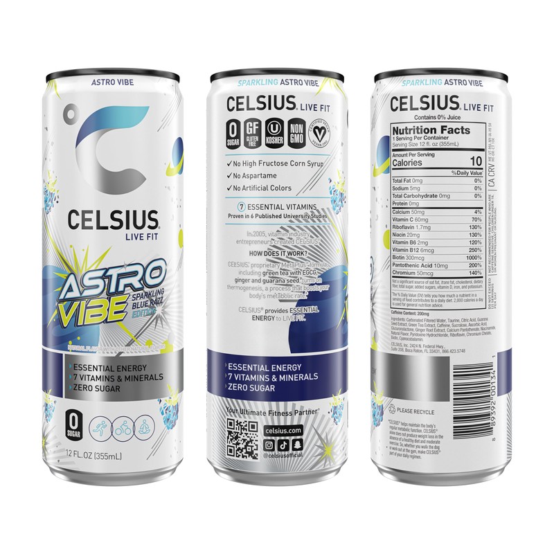CELSIUS ASTRO VIBE Sparkling Blue Razz, Sugar Free Energy Drink,