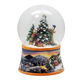 Snow Globe Family Decorates Christmas Tree on Nostalgic Winter Landscape Brown Tone Christmas Winter with Music Box - 100 mm Wide * 20273