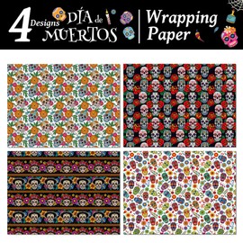 12 Sheets Day of the Dead Wrapping Paper, Double-Sided Printed Wrapping Paper, Birthday, 4 Types of Wrapping Paper Sheets for Children, Holiday, Birthday Wrapping Paper, 50 x 68 cm
