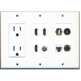 RiteAV (3 Gang 15A Power Outlet 3 HDMI Coax Cat5e White 3.5mm Toslink USB Wall Plate