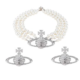 DEYOUM Saturn planet Pearl Earrings Necklace Set for Women Trendy 14k Gold Silver Plated Crystal Rhinestone Planet White Pearl Earrings Necklace Birthday Wedding Party Jewelry Gifts, Medium, Pearl, No