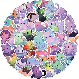 Pigbit Cute Fantasy Starry Sky Cat Stickers - 50Pcs Waterproof Vinyl Kawaii Rainbow Space Kitty Stickers for Scrapbooks,Laptops,Water Bottles,Party Favors