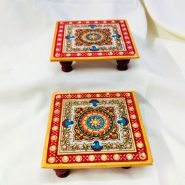 craftslook Marble Puja Chowki 4” Pair – Hand-Painted Floral Design with Kundans | Ethnic Kalash Chaurang for Pooja Items, Home Mandir & Festivals | Decorative Marble Platform for Temple & Rituals