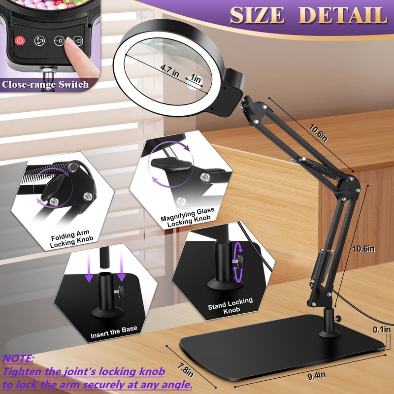 10X 30X Large Magnifying Glass with Light and Stand, 5-inch