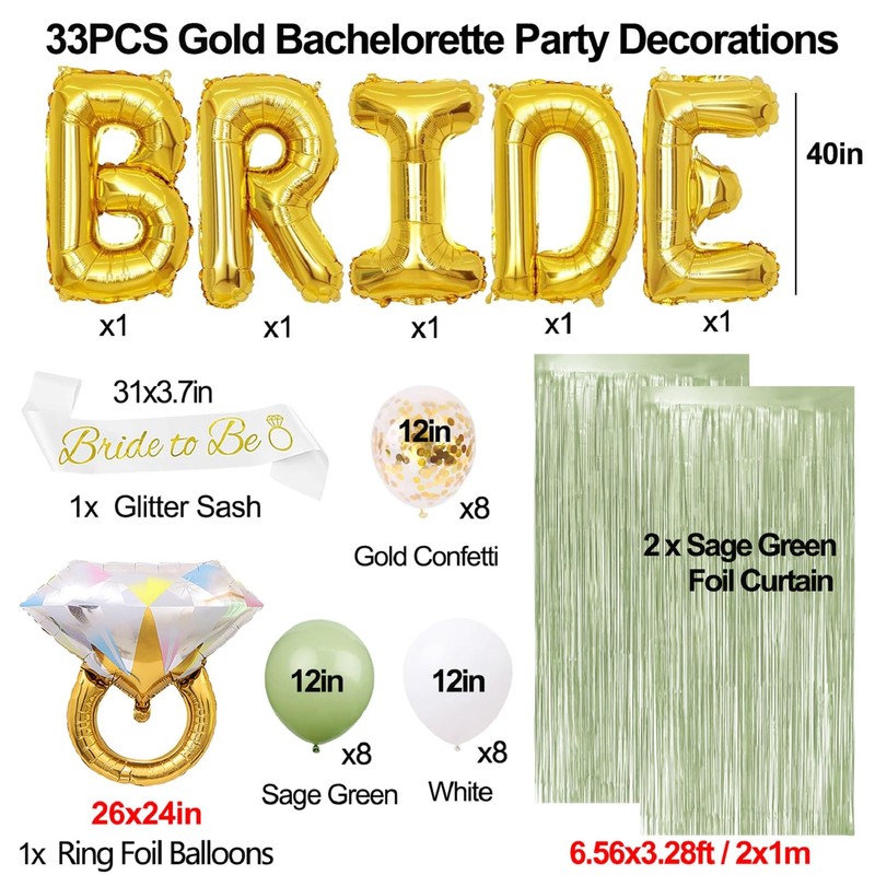 Sage Green Bachelorette Party Decorations Kit 40 inch Gold Bride
