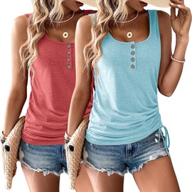 Womens Tank Tops, 2 Pack Summer Tank Tops for Women 2025, Sleeveless U Neck Loose Button Casual Henley Tops Shirts (US, Alpha, Large, Regular, Regular, Rose Gold&Sky Blue)