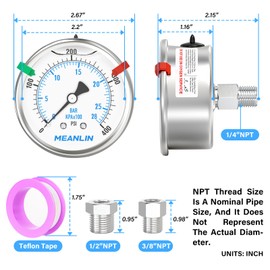 MEANLIN MEASURE 0~400Psi Stainless Steel Liquid Filled Pressure Gauge 2.5" FACE DIAL 1/4" NPT for Air Compressor Air Regulator Water Filter Back Mount with Stainless Steel Hex Bushing and Snaps