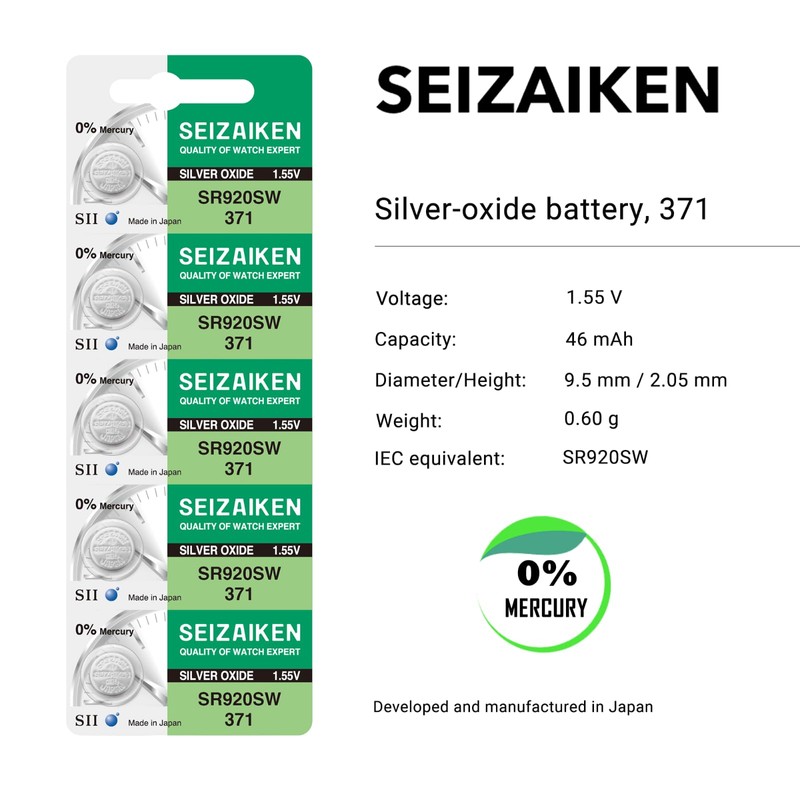 Seizaiken 371 SR920SW 1.55V 0% Hg Silver Oxide Watch Battery