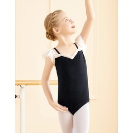 DanceDaily Girls Ruffle Sleeve Ballet Leotard Black Gymnastics Bodysuit Mesh Spliced Ballerina Outfits