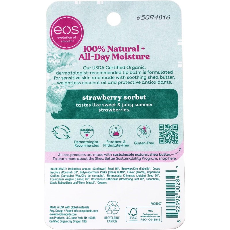 EOS Organic Lip Balm Sphere, Strawberry Sorbet, 0.25 Oz