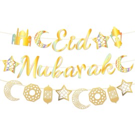 LaVenty Gold Eid Decorations for Home - Ramadan & Umrah Mubarak Celebrations - Banner Flag